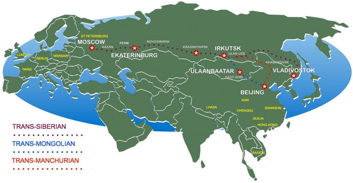 નકશો મોસ્કો માટે વ્લૅડિવૉસ્ટૉક ટ્રેન રૂટ